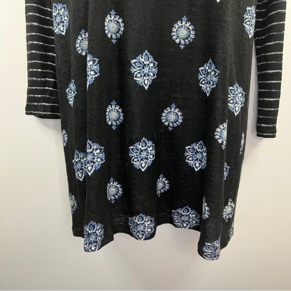 J.Jill Linen Black Medallion Print‎ 3/4 Sleeve Top Size S Raglan Stripe V-Neck - Picture 6 of 10